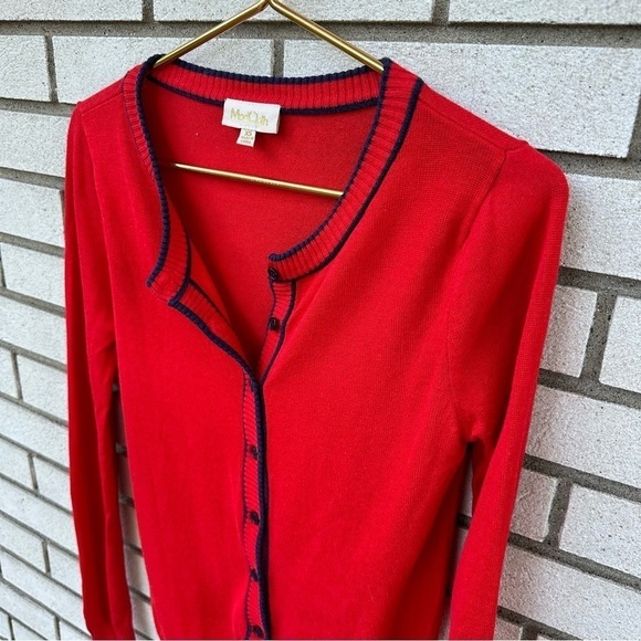 ModCloth Red Navy Trim Modal Cotton Button Front Knit Cardigan Sweater - Picture 2 of 8